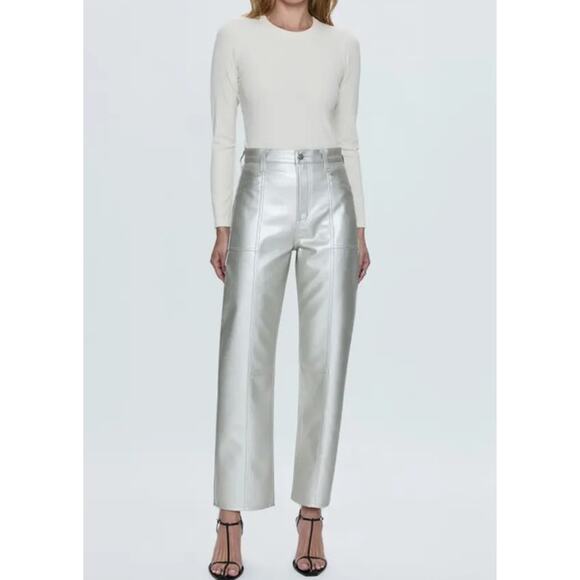 Pistola NWT Taylor High Rise Barrel Leg Party Faux Leather Pants Metallic Silver - Picture 2 of 13